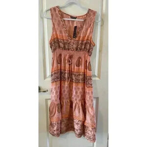 NWT Chaudry KC Size Large 100% Silk Coral Ruffle Floral Knee Length Boho Peasant